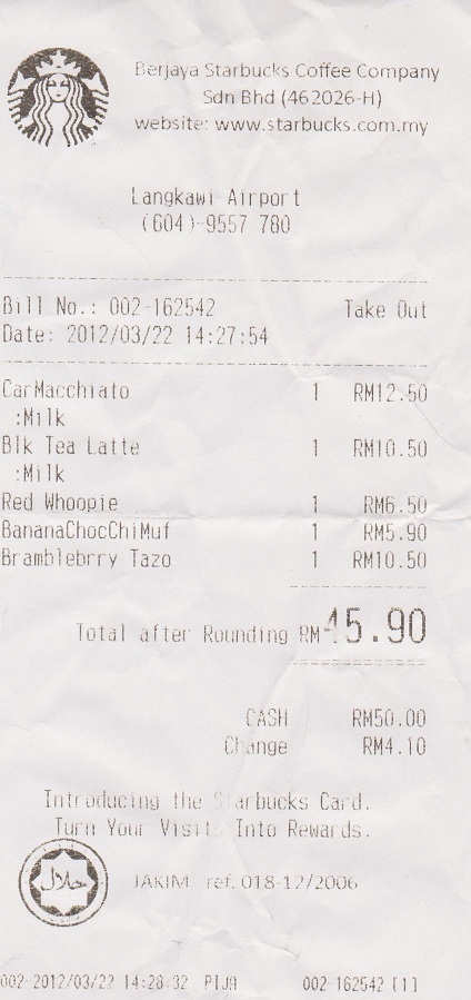 Sales Receipts from Starbucks at Langkawi Airport,Malaysia