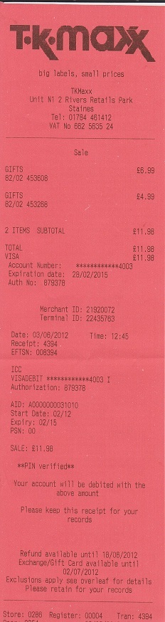 Sales Receipt from TK Maxx